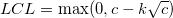 LCL=\max(0, c-k\sqrt{c}) LCL=\max(0, c-k\sqrt{c})