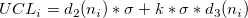 UCL_i=d_2(n_i)*\sigma+k*\sigma*d_3(n_i) UCL_i=d_2(n_i)*\sigma+k*\sigma*d_3(n_i)
