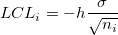 LCL_i=-h\frac{\sigma}{\sqrt{n_i}} LCL_i=-h\frac{\sigma}{\sqrt{n_i}}