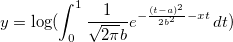 y=\log (\int_{0}^{1} \frac{1}{\sqrt{2\pi}b}e^{-\frac{(t-a)^2}{2b^2}-xt}\, dt)