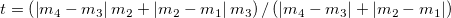 t = \left ( \left | m_{4} - m_{3} \right |m_{2} + \left | m_{2} - m_{1} \right |m_{3} \right )/\left ( \left | m_{4} - m_{3} \right | + \left | m_{2} - m_{1} \right |\right ) t = \left ( \left | m_{4} - m_{3} \right |m_{2} + \left | m_{2} - m_{1} \right |m_{3} \right )/\left ( \left | m_{4} - m_{3} \right | + \left | m_{2} - m_{1} \right |\right )