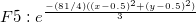 F5: e^{\frac{-(81/4)((x-0.5)^2+(y-0.5)^2)}{3}} F5: e^{\frac{-(81/4)((x-0.5)^2+(y-0.5)^2)}{3}}