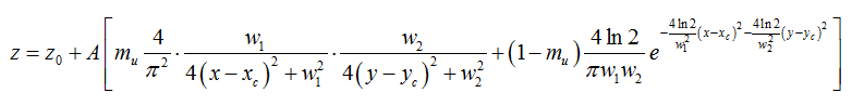 z=z0+A*\left[\frac{mu}{(1+((x-xc)/w1)^2)*(1+((y-yc)/w2)^2)}+(1-mu)*exp(-\frac{1}{2}*(\frac{x-xc}{w1})^2-\frac{1}{2}*(\frac{y-yc}{w2})^2)\right]