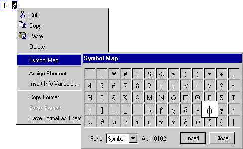 An example of a symbol being entered into an Origin text label using the Symbol Map while in in-place edit mode