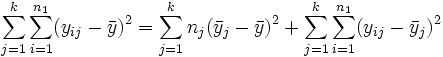 \sum_{j=1}^k\sum_{i=1}^{n_1}(y_{ij}-\bar y)^2=\sum_{j=1}^kn_j(\bar y_j-\bar y)^2+\sum_{j=1}^k\sum_{i=1}^{n_1}(y_{ij}-\bar y_j)^2