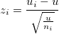 z_i=\frac{u_i-u}{\sqrt{\frac{u}{n_i}}}