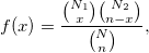 f(x)=\frac{\binom{N_1}{x}\binom{N_2}{n-x}}{\binom{N}{n}}, f(x)=\frac{\binom{N_1}{x}\binom{N_2}{n-x}}{\binom{N}{n}},