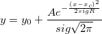 y=y_0+\frac{Ae^{-\frac{\left( x-x_c\right) ^2}{2sigR}}}{sig\sqrt{2\pi }}  y=y_0+\frac{Ae^{-\frac{\left( x-x_c\right) ^2}{2sigR}}}{sig\sqrt{2\pi }}