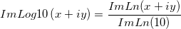 ImLog10 \left( x+iy \right ) = \frac{ImLn(x+iy)}{ImLn(10)} ImLog10 \left( x+iy \right ) = \frac{ImLn(x+iy)}{ImLn(10)}