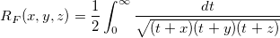 R_F(x,y,z)=\frac 12\int_0^\infty \frac{dt}{\sqrt{(t+x)(t+y)(t+z)}} R_F(x,y,z)=\frac 12\int_0^\infty \frac{dt}{\sqrt{(t+x)(t+y)(t+z)}}