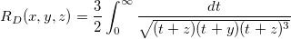 R_D(x,y,z)=\frac 32\int_0^\infty \frac{dt}{\sqrt{(t+z)(t+y)(t+z)^3}} R_D(x,y,z)=\frac 32\int_0^\infty \frac{dt}{\sqrt{(t+z)(t+y)(t+z)^3}}