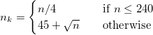 n_k = \begin{cases} n/4 \quad &\text{if } n \le  240 \\ 45 + \sqrt{n} \quad &\text{otherwise}\end{cases}