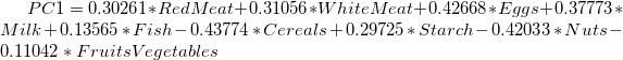 PC1=0.30261*RedMeat + 0.31056*WhiteMeat + 0.42668*Eggs + 0.37773*Milk + 0.13565*Fish  - 0.43774*Cereals + 0.29725*Starch - 0.42033*Nuts - 0.11042*FruitsVegetables