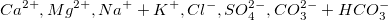 Ca^{2+}, Mg^{2+}, Na^{+}+K^{+}, Cl^{-}, SO_{4}^{2-}, CO_{3}^{2-}+HCO_{3}^{-} Ca^{2+}, Mg^{2+}, Na^{+}+K^{+}, Cl^{-}, SO_{4}^{2-}, CO_{3}^{2-}+HCO_{3}^{-}