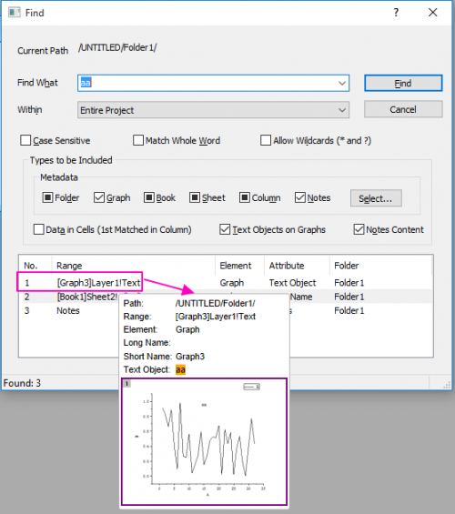 Help Online - Origin Help - Finding in Origin Project