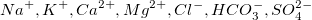 Na^{+}, K^{+}, Ca^{2+}, Mg^{2+},  Cl^{-}, HCO_{3}^{-},  SO_{4}^{2-} Na^{+}, K^{+}, Ca^{2+}, Mg^{2+},  Cl^{-}, HCO_{3}^{-},  SO_{4}^{2-}