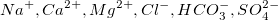 Na^{+}, Ca^{2+}, Mg^{2+},  Cl^{-}, HCO_{3}^{-},  SO_{4}^{2-} Na^{+}, Ca^{2+}, Mg^{2+},  Cl^{-}, HCO_{3}^{-},  SO_{4}^{2-}