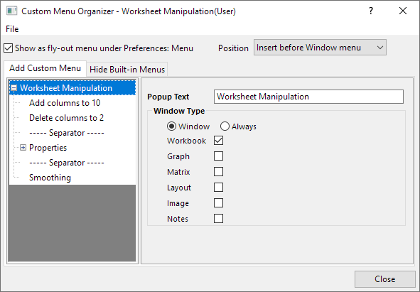 Help Online - Origin Help - The Custom Menu Organizer Dialog Box
