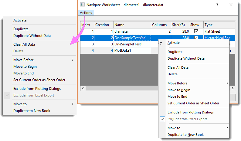 Help Online - Origin Help - The Navigate Worksheets Dialog Box