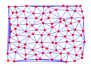 Triangulação de Delaunay (linha contínua) disposto sobre o diagrama