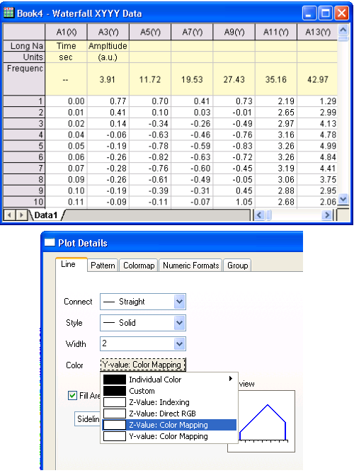 Worksheet data and colormap controls in Plot Details dialog for Waterfall Plot
