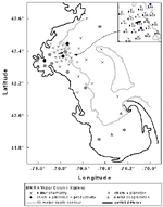Scatter plot displaying water column sampling locations in Massachusetts Bay, with legend showing sample details and station names.